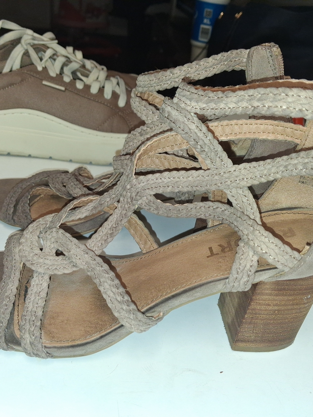 Report Braided Strappy Block Heel Sandals — Taupe